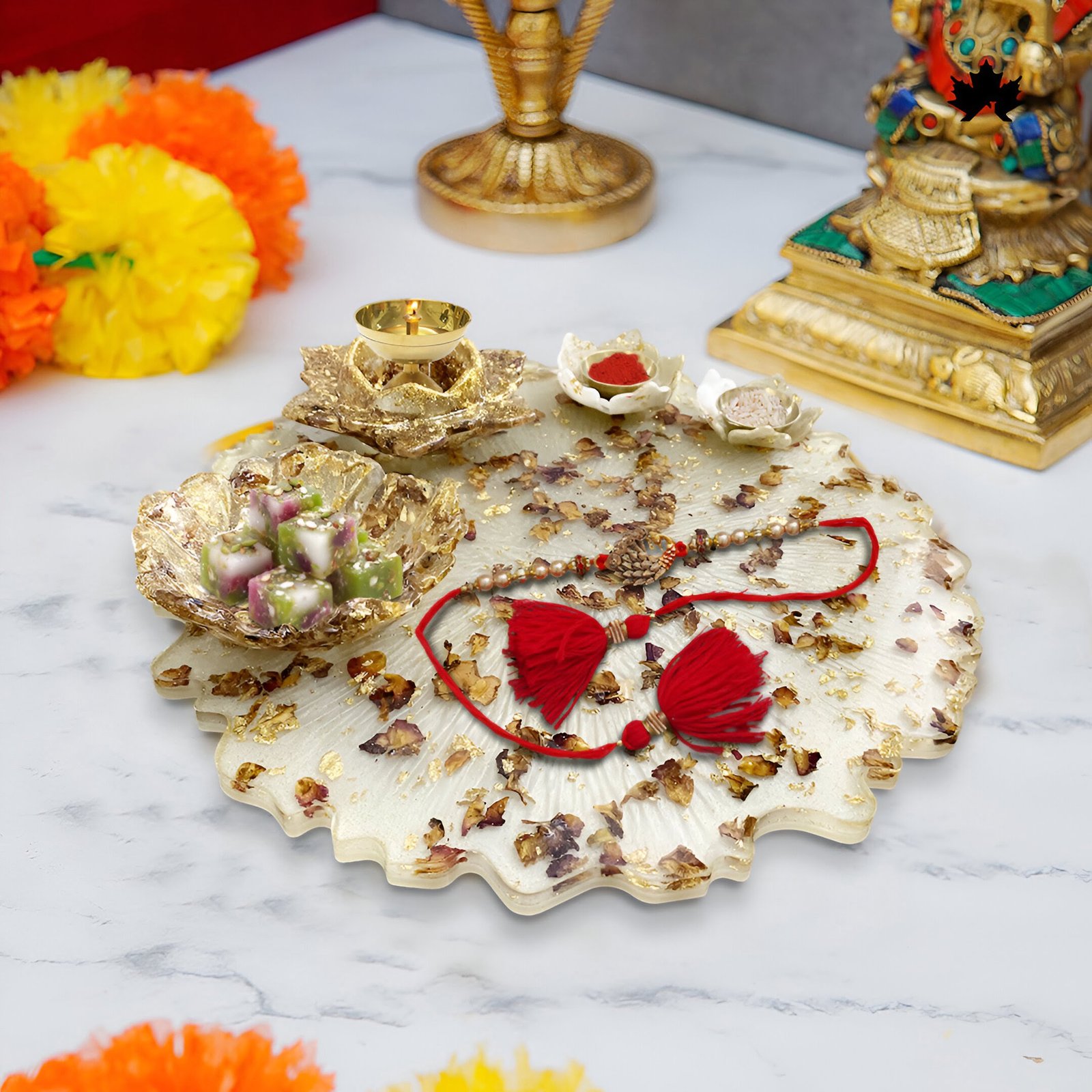 Golden Petal Majesty Pooja Thali - Perfect for Rakhi, Diwali & Festive Ceremonies